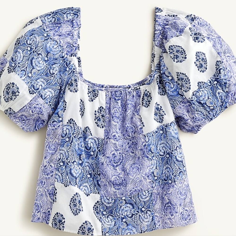 Jcrew puff-sleeve cropped top in patchwork print